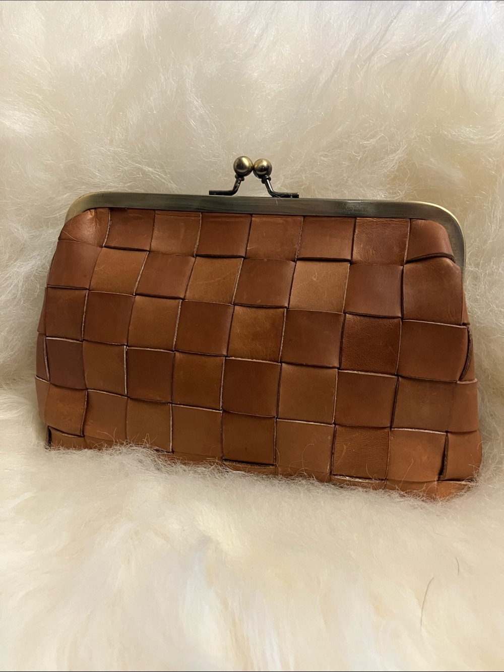 Margot Woven Leather Kiss-Lock Clutch